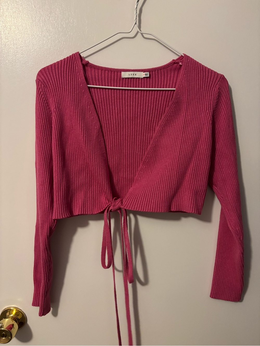 Feminine Flirty Quiet Luxury Spring Ribbed Tie-Front Wrap Crop Top Small